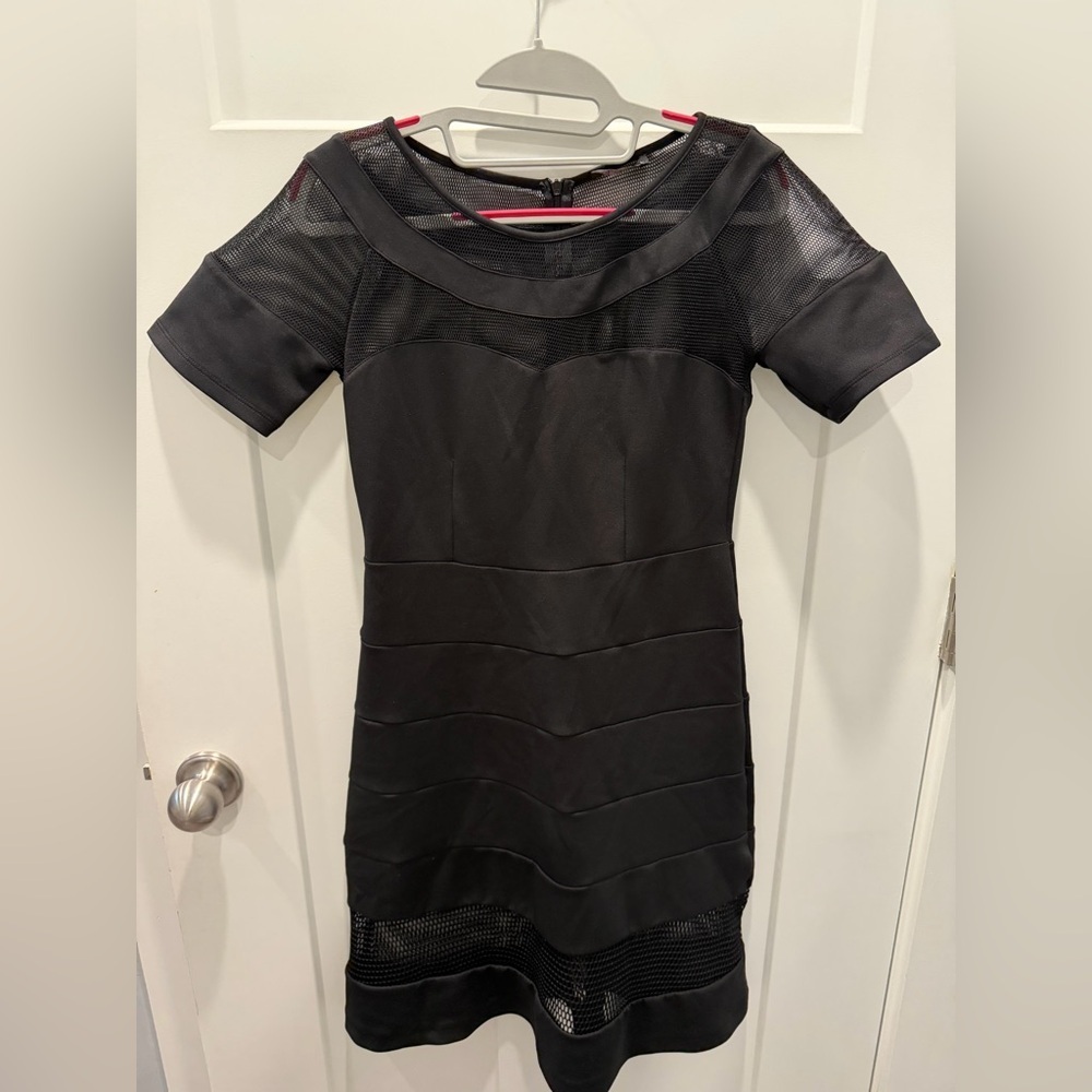 Kikiriki Black Mesh Panel Bodycon Dress Size L Short Sleeve Little Black Dress